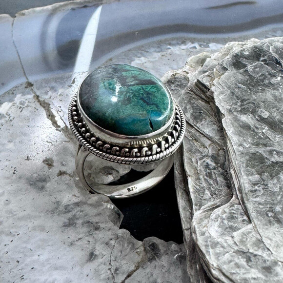 Sterling Silver Southwestern Style Oval Azurite Decorated Ring Size 7 For Women - Picture 4 of 10